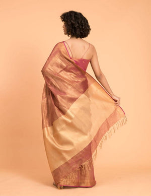 Suta Pink Golden Solid Zari Pure Linen Saree - Distacart