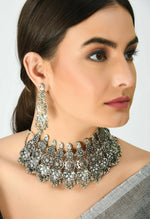 Thumbnail for Mominos Fashion Johar Kamal Oxidised Silver-Plated Brass Finish Temple Jewellery with Earrings For Women - Distacart