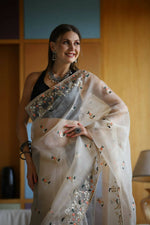 Thumbnail for Vamsee White Organza Saree - Distacart