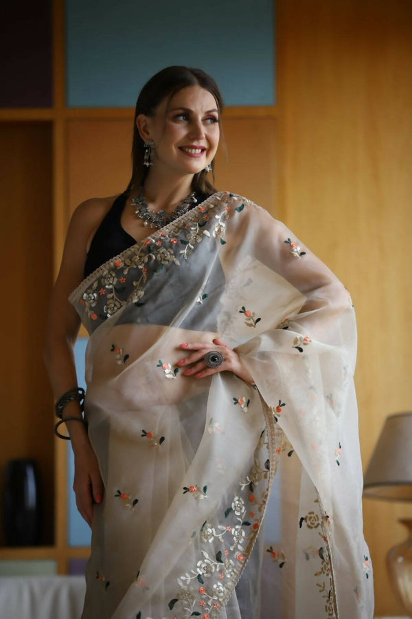 Vamsee White Organza Saree - Distacart