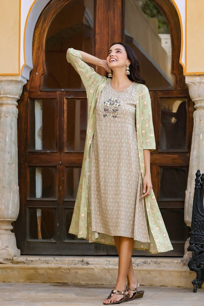 Yufta Green Printed and Embroidered Dress