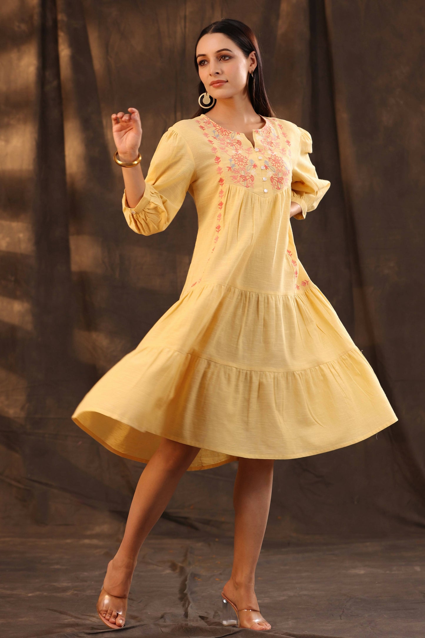 Juniper Women's Yellow Cotton Slub Solid Embroidered Tiered Dress - Distacart