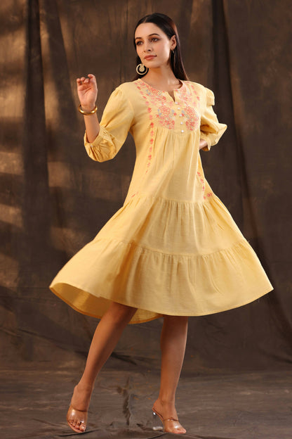 Juniper Women's Yellow Cotton Slub Solid Embroidered Tiered Dress - Distacart