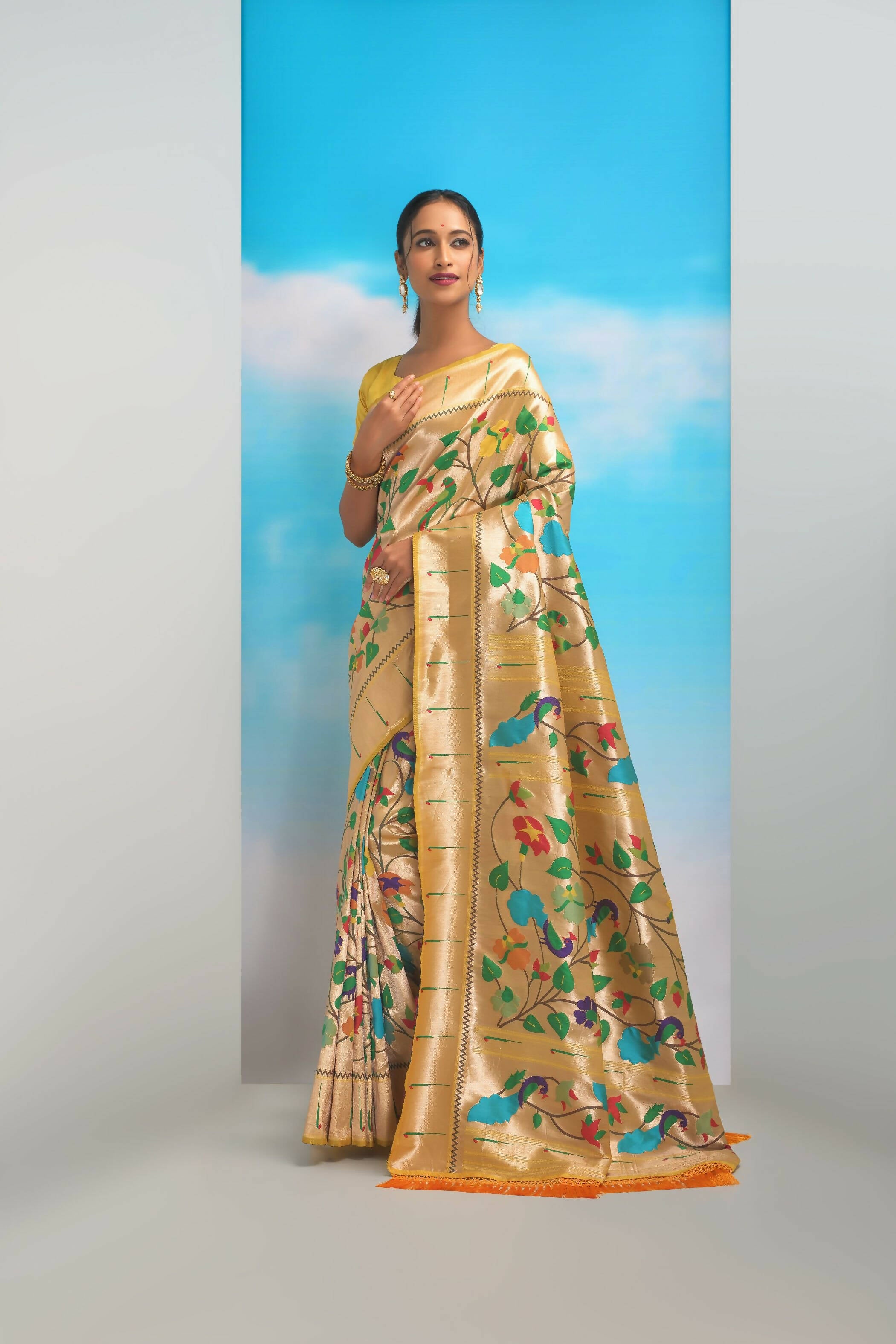 Vishnu Weaves Women's Yellow Paithani Silk Minakari Zari Woven Saree with Unstitched Blouse - Distacart
