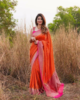 DEIANA'S Beautiful Golden Jari with New Design Soft Lichi Silk Saree - Orange - Distacart