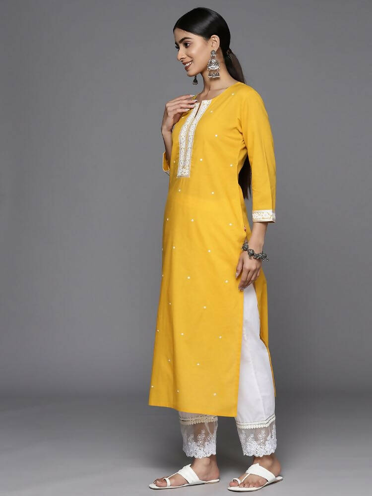 Varanga Women Mustard Kurta, Three Quarter Sleeves, Round Neck , Straight Kurta With Side Slits - Distacart