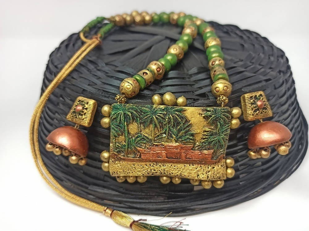 Terracotta Kerala Style Mansion Boat Pendant Long Necklace Set With Temple Earrings
