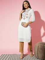 Thumbnail for Myshka Women White Solid Georgette Straight V-Neck Kurtas - Distacart