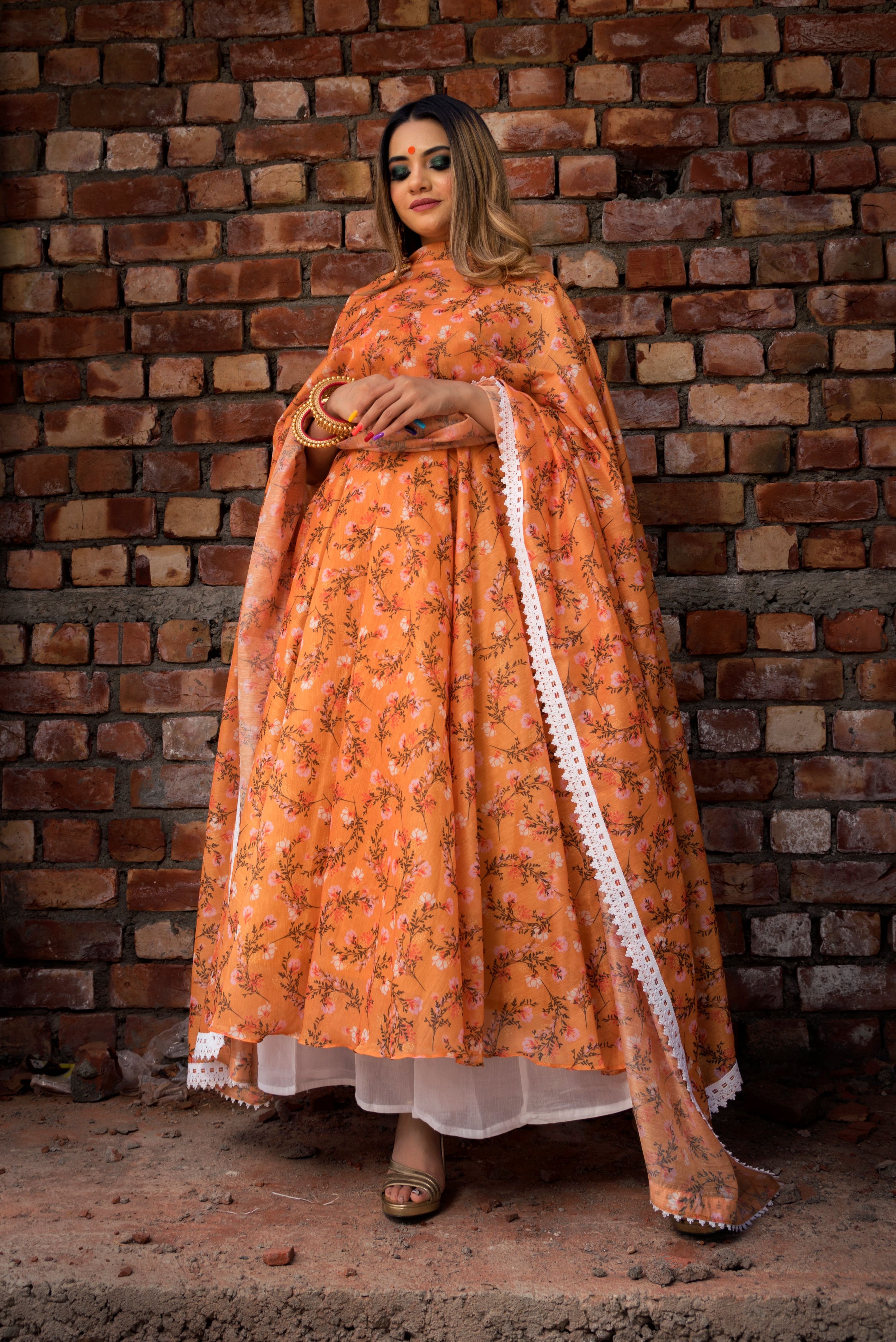 Pomcha Jaipur Orange Printed Modal Anrakali Set - Distacart