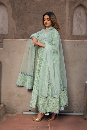 Pomcha Jaipur Bandhej Mehndhi Green Cotton Anarkali Set - Distacart