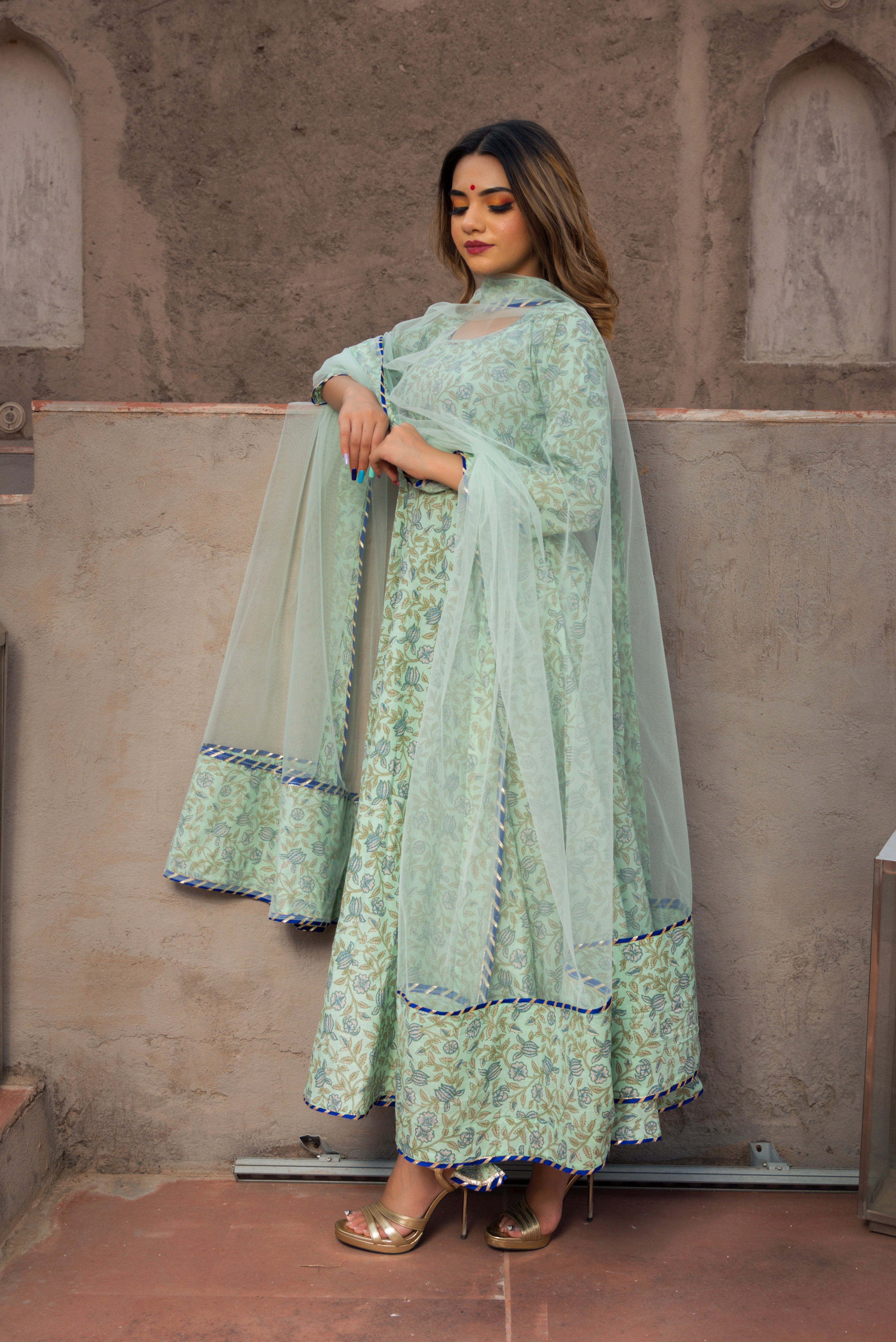 Pomcha Jaipur Aqua Green Hand Block Print Anarkali Set - Distacart