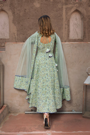 Pomcha Jaipur Aqua Green Hand Block Print Anarkali Set - Distacart