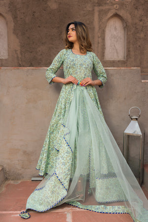 Pomcha Jaipur Aqua Green Hand Block Print Anarkali Set - Distacart