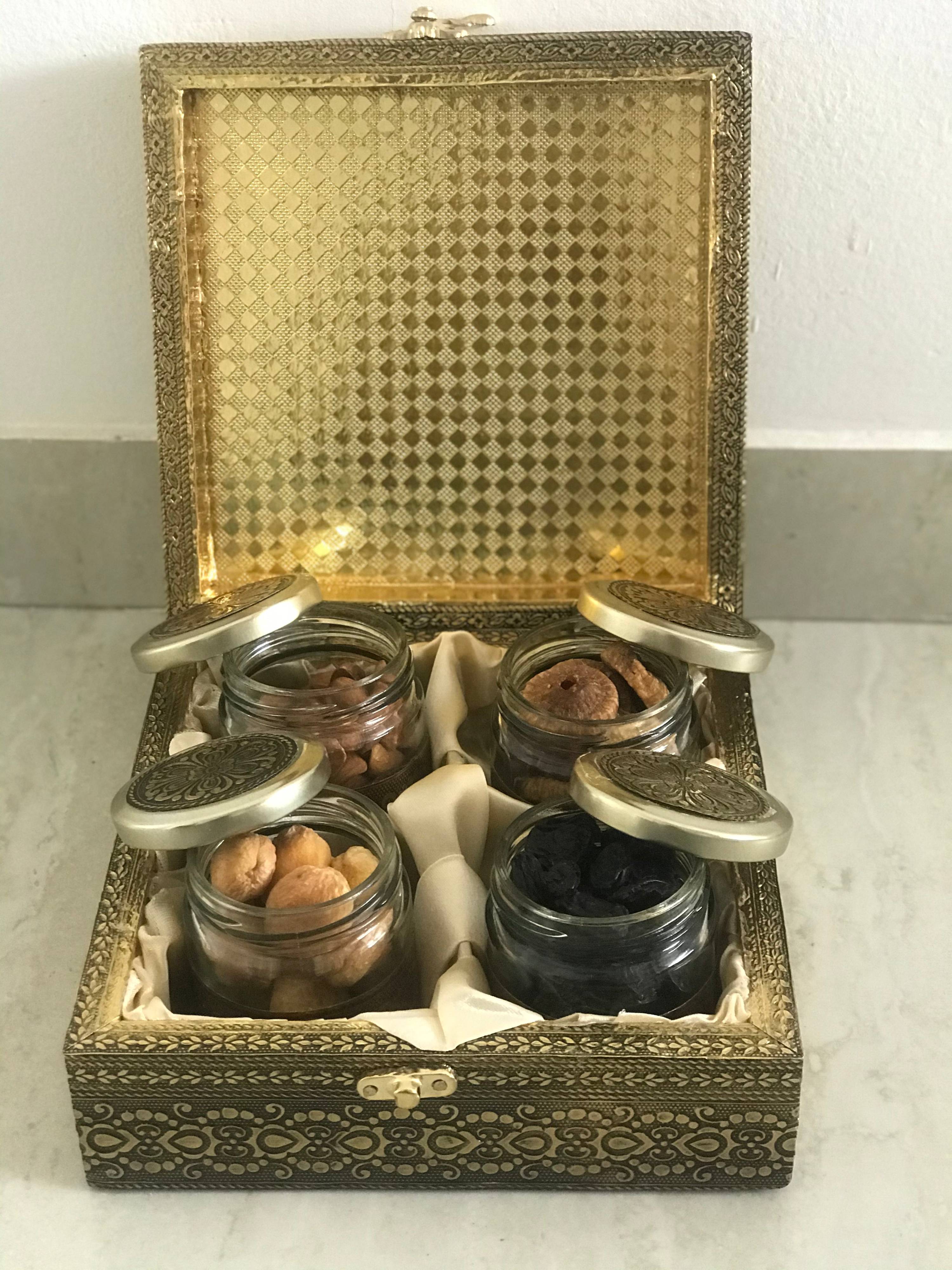 SK Mithaii Assorted Dry Fruit Gift Box | Almond | Figs(Anjeer) | Apricot | Black Resins | 4 Jars | Birthday Gift | Christmas Gift | New Year Gift - Distacart