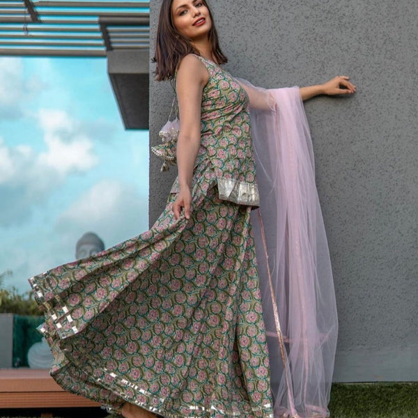 Pomcha Jaipur Hand Block Print Cotton Kurta Skirt Set - Distacart