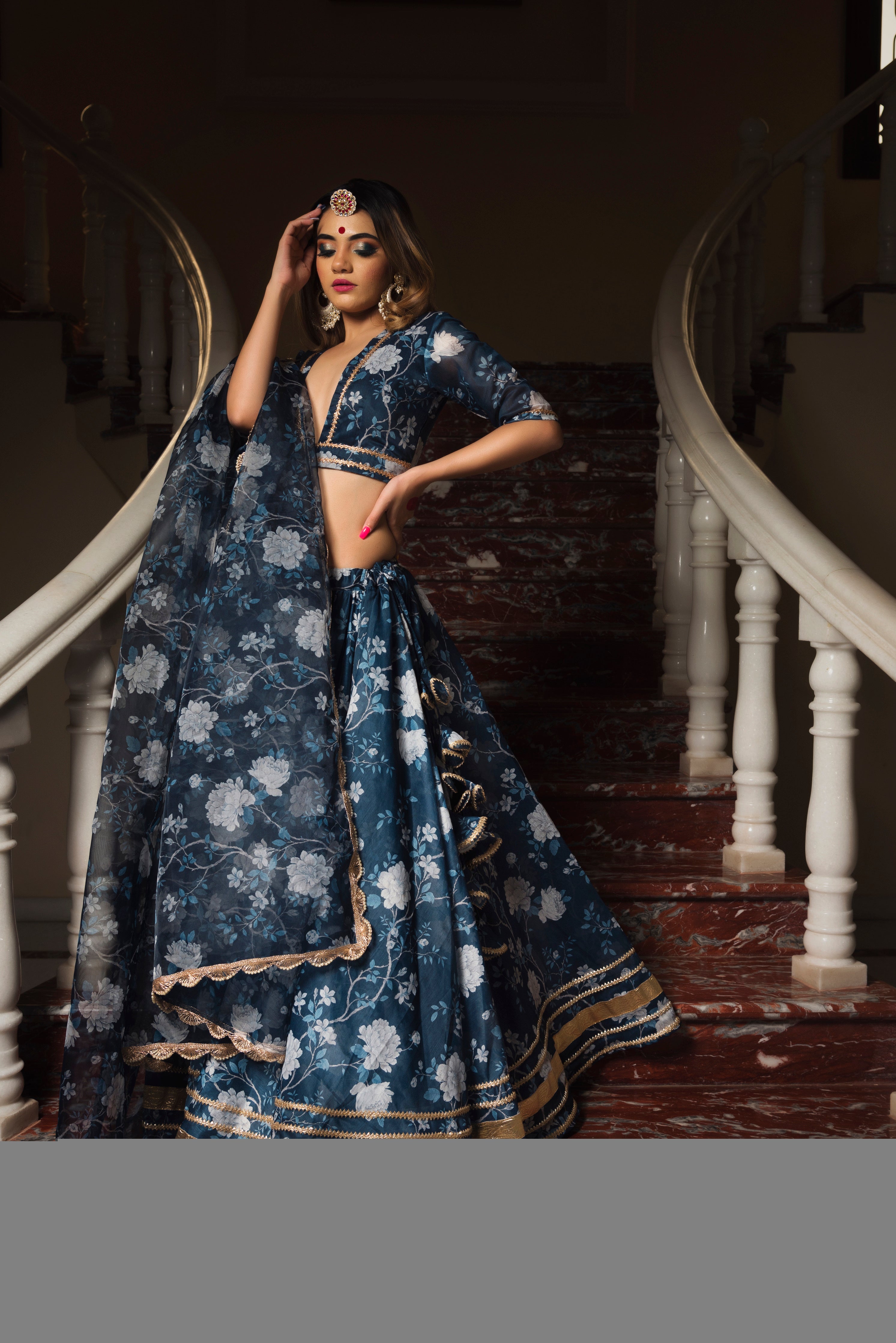 Pomcha Jaipur Bluebell Modal Chandari Lehenga Set - Distacart