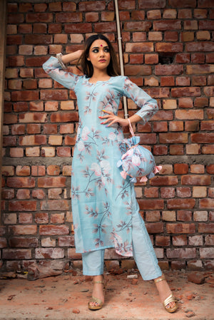 Pomcha Jaipur Peony Blue Modal Cotton Suit Set - Distacart