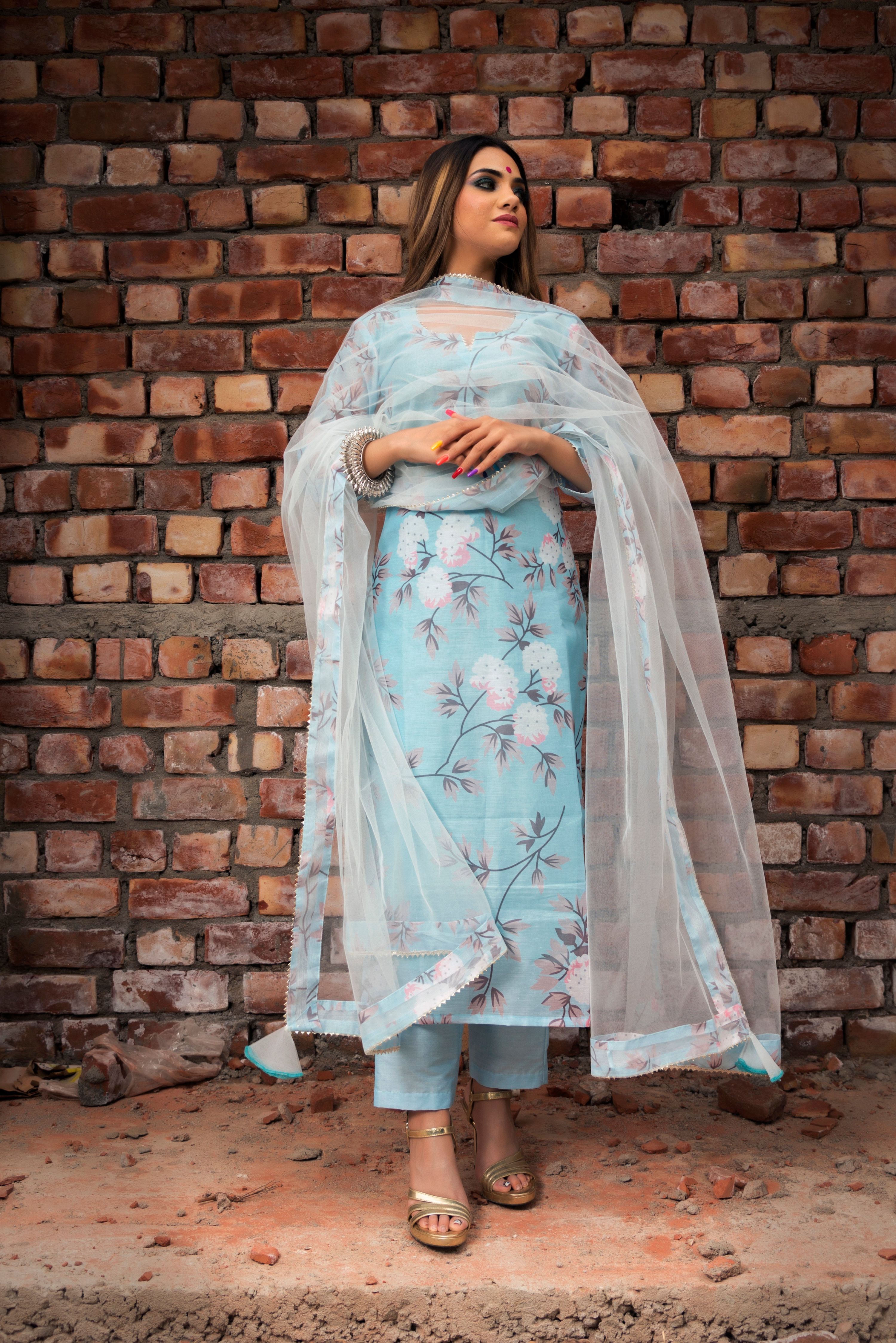 Pomcha Jaipur Peony Blue Modal Cotton Suit Set - Distacart