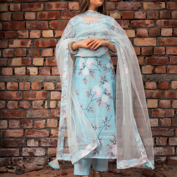 Pomcha Jaipur Peony Blue Modal Cotton Suit Set - Distacart