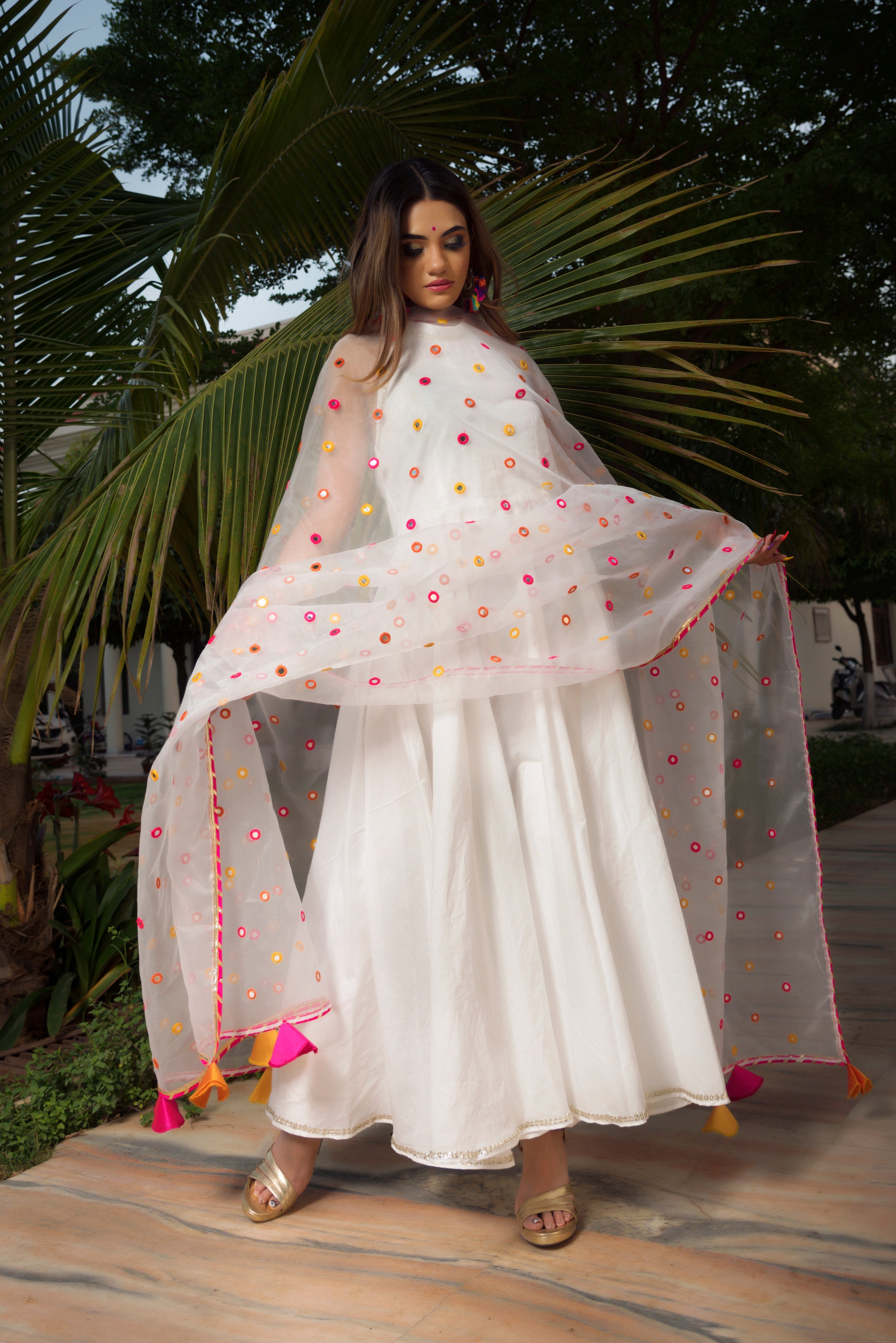 Pomcha Jaipur Pure Cotton Anarkali Set With Mirror Work Organza Dupatta - Distacart