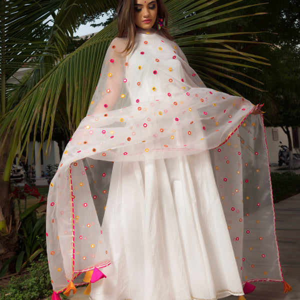 Pomcha Jaipur Pure Cotton Anarkali Set With Mirror Work Organza Dupatta - Distacart