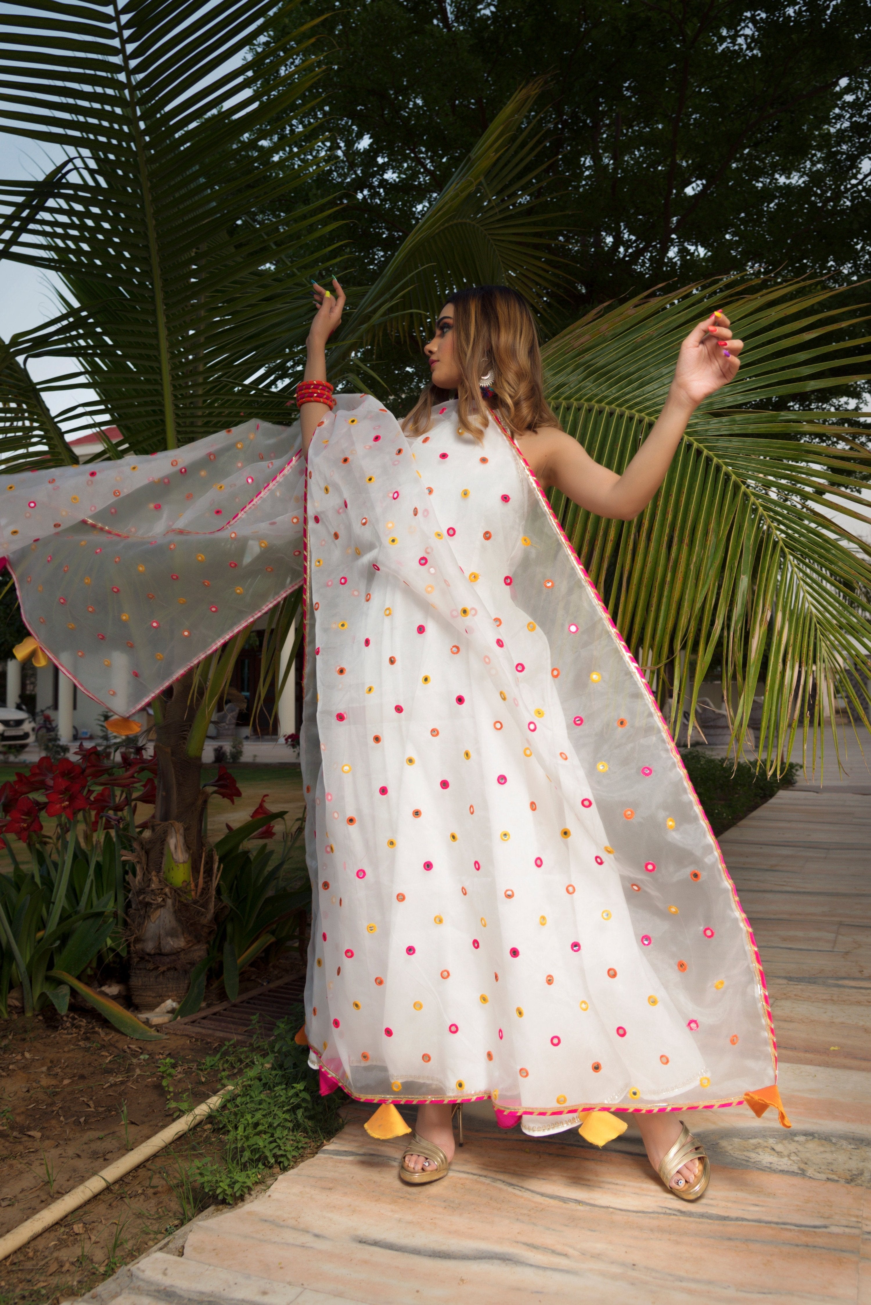 Pomcha Jaipur Pure Cotton Anarkali Set With Mirror Work Organza Dupatta - Distacart