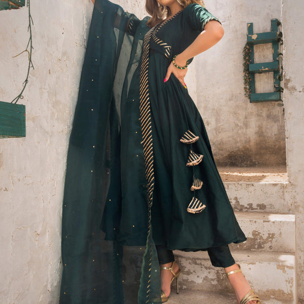 Pomcha Jaipur Poppy Green Pure Cotton Silk Angrakha Set - Distacart