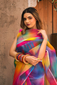 Thumbnail for Pomcha Jaipur Rainbow Organza Printed Saree - Distacart