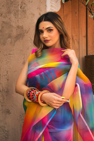 Pomcha Jaipur Rainbow Organza Printed Saree - Distacart
