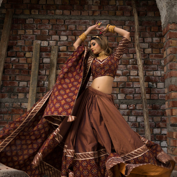Pomcha Jaipur Chhaya Brown Gujarati Lehenga Set - Distacart