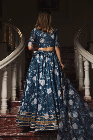 Pomcha Jaipur Bluebell Modal Chandari Lehenga Set - Distacart