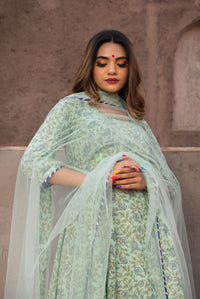 Thumbnail for Pomcha Jaipur Bandhej Mehndhi Green Cotton Anarkali Set - Distacart