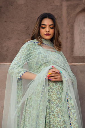 Pomcha Jaipur Bandhej Mehndhi Green Cotton Anarkali Set - Distacart