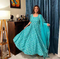 Thumbnail for Pomcha Jaipur Bandhej Blue Cotton Anarkali Set - Distacart