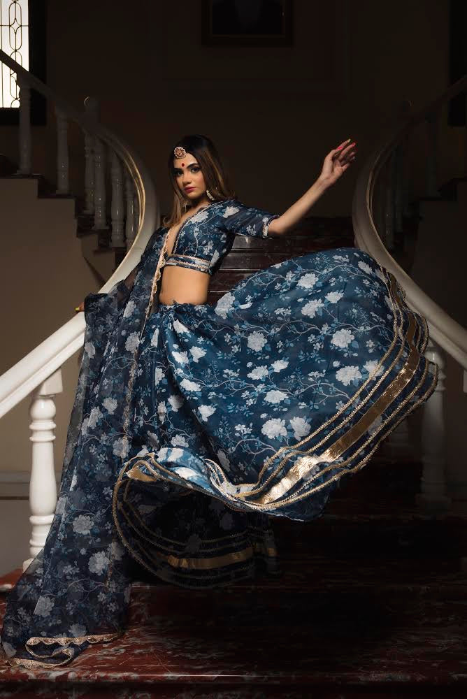Pomcha Jaipur Bluebell Modal Chandari Lehenga Set - Distacart