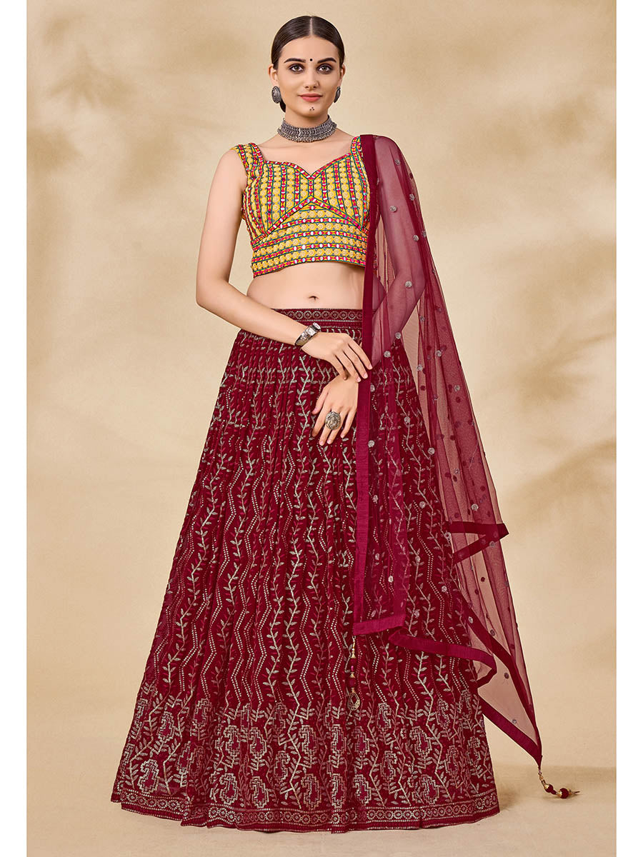 Myra Maroon Georgette Embroidered Designer Lehenga - Distacart