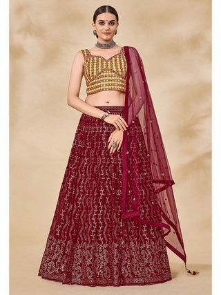Myra Maroon Georgette Embroidered Designer Lehenga - Distacart