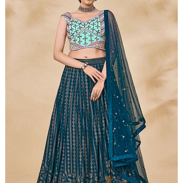 Myra Teal Green Georgette Embroidered Designer Lehenga - Distacart