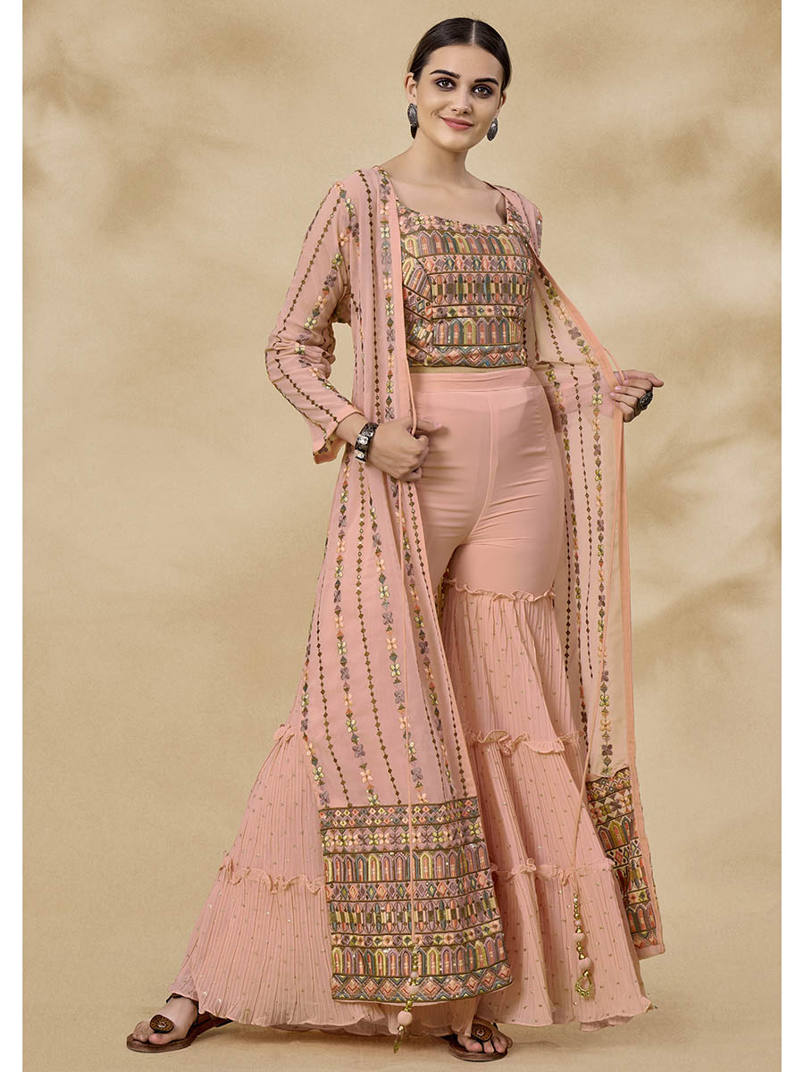 Myra Peach Gorgette Jacket Style Suit - Distacart