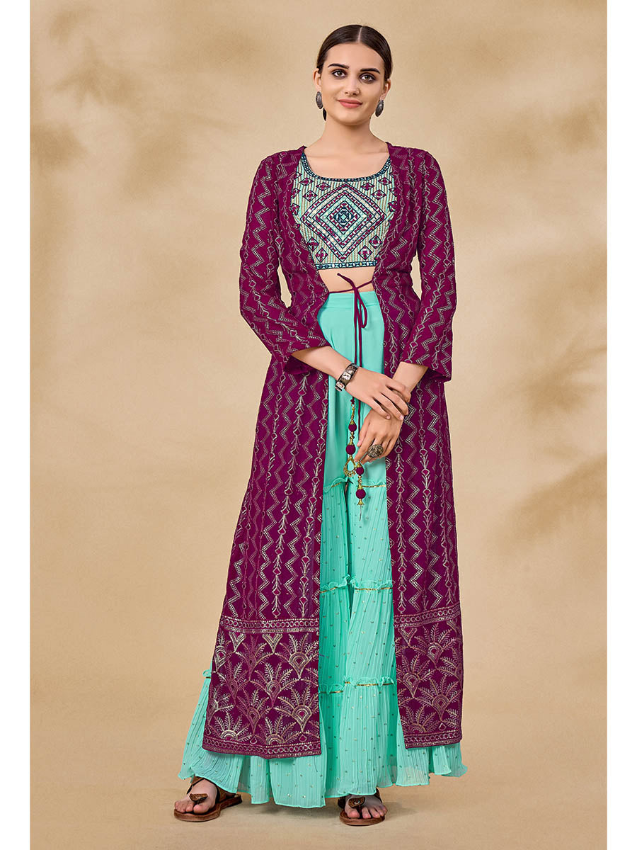 Myra Wine Jacket Style Sharara Suit - Distacart
