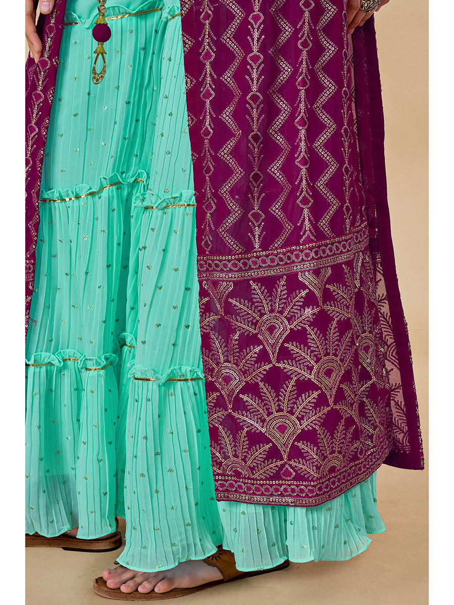 Myra Wine Jacket Style Sharara Suit - Distacart