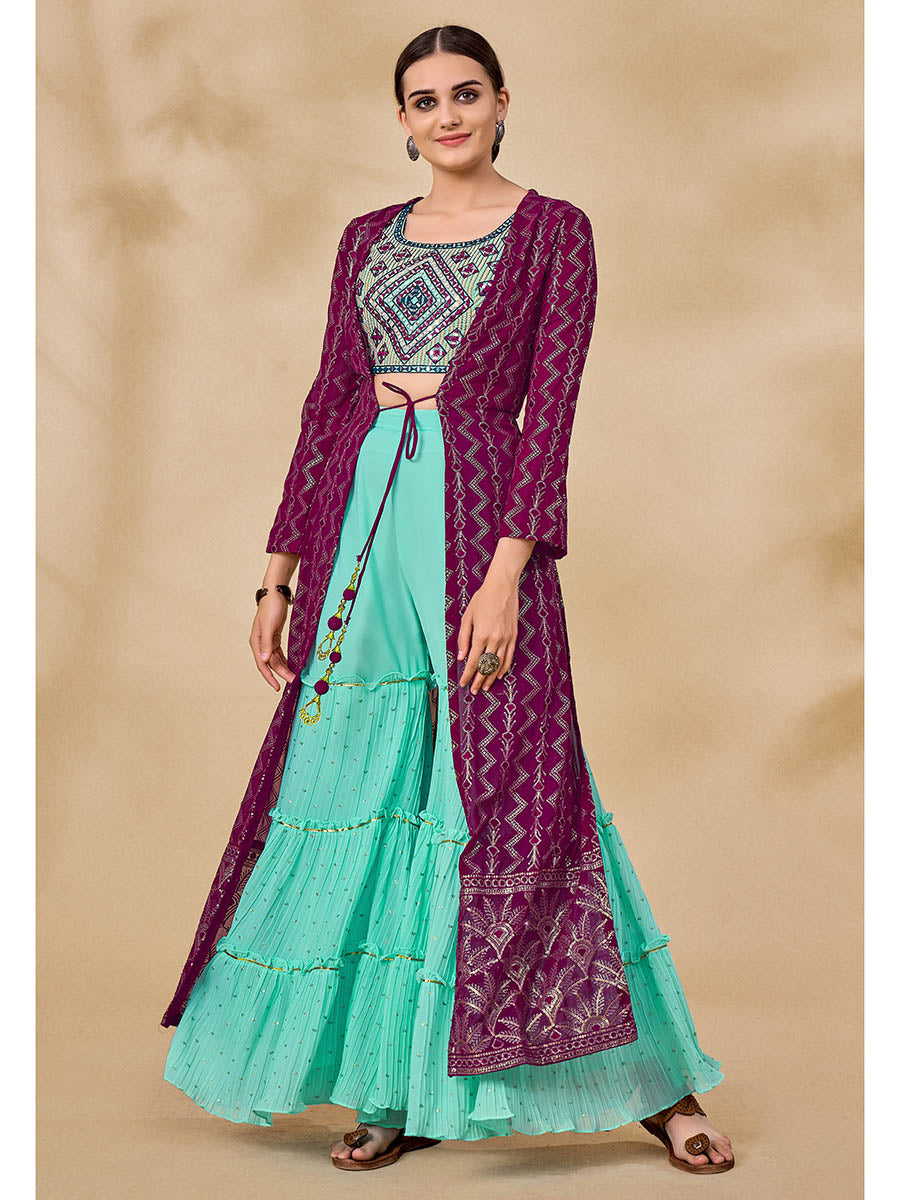 Myra Wine Jacket Style Sharara Suit - Distacart