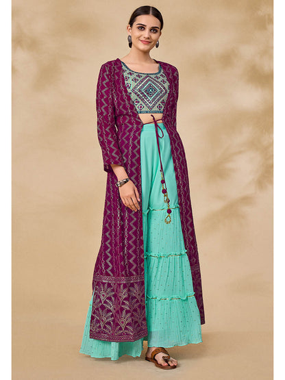 Myra Wine Jacket Style Sharara Suit - Distacart