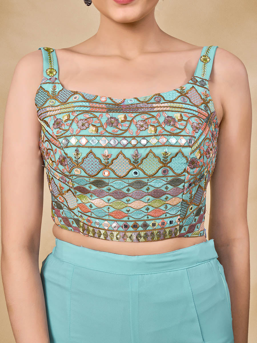 Myra Sky Blue Gorgette Jacket Style Suit - Distacart