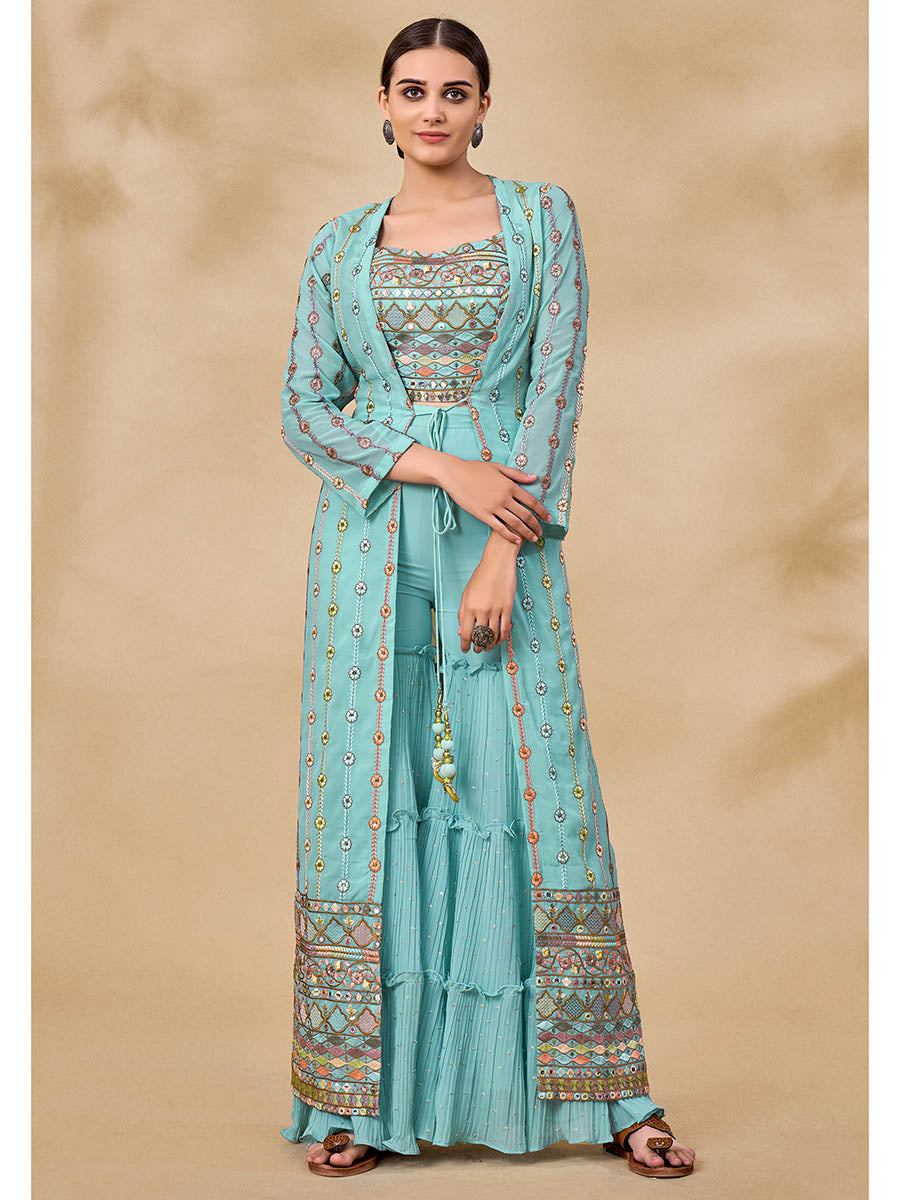 Myra Sky Blue Gorgette Jacket Style Suit - Distacart