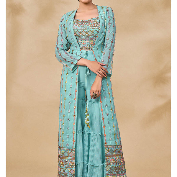 Myra Sky Blue Gorgette Jacket Style Suit - Distacart