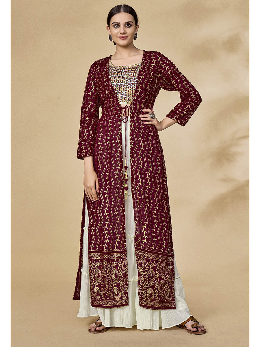 Myra Maroon Jacket Style Sharara Suit - Distacart