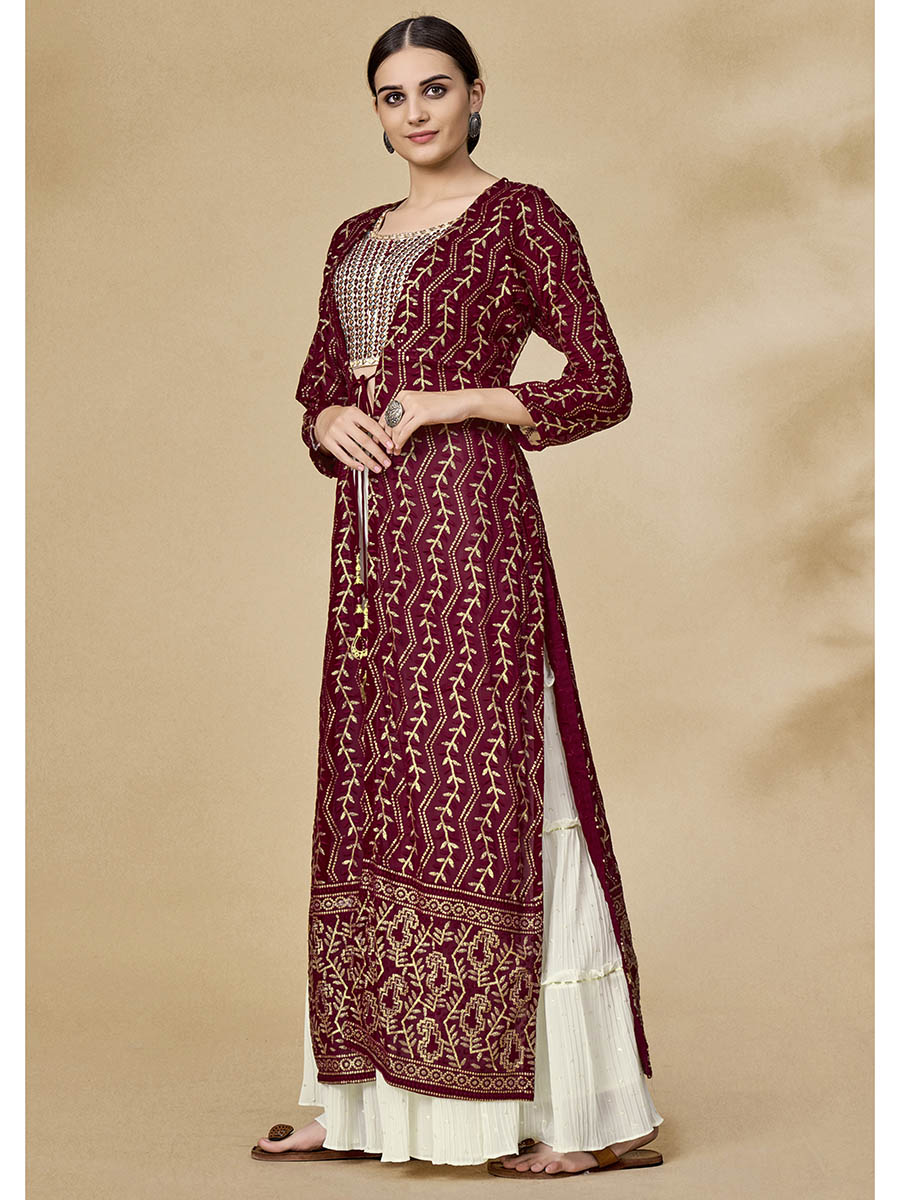 Myra Maroon Jacket Style Sharara Suit - Distacart