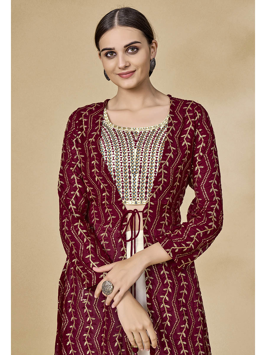 Myra Maroon Jacket Style Sharara Suit - Distacart