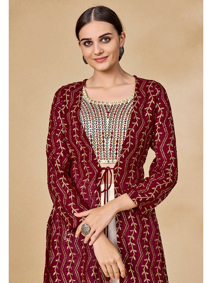 Myra Maroon Jacket Style Sharara Suit - Distacart